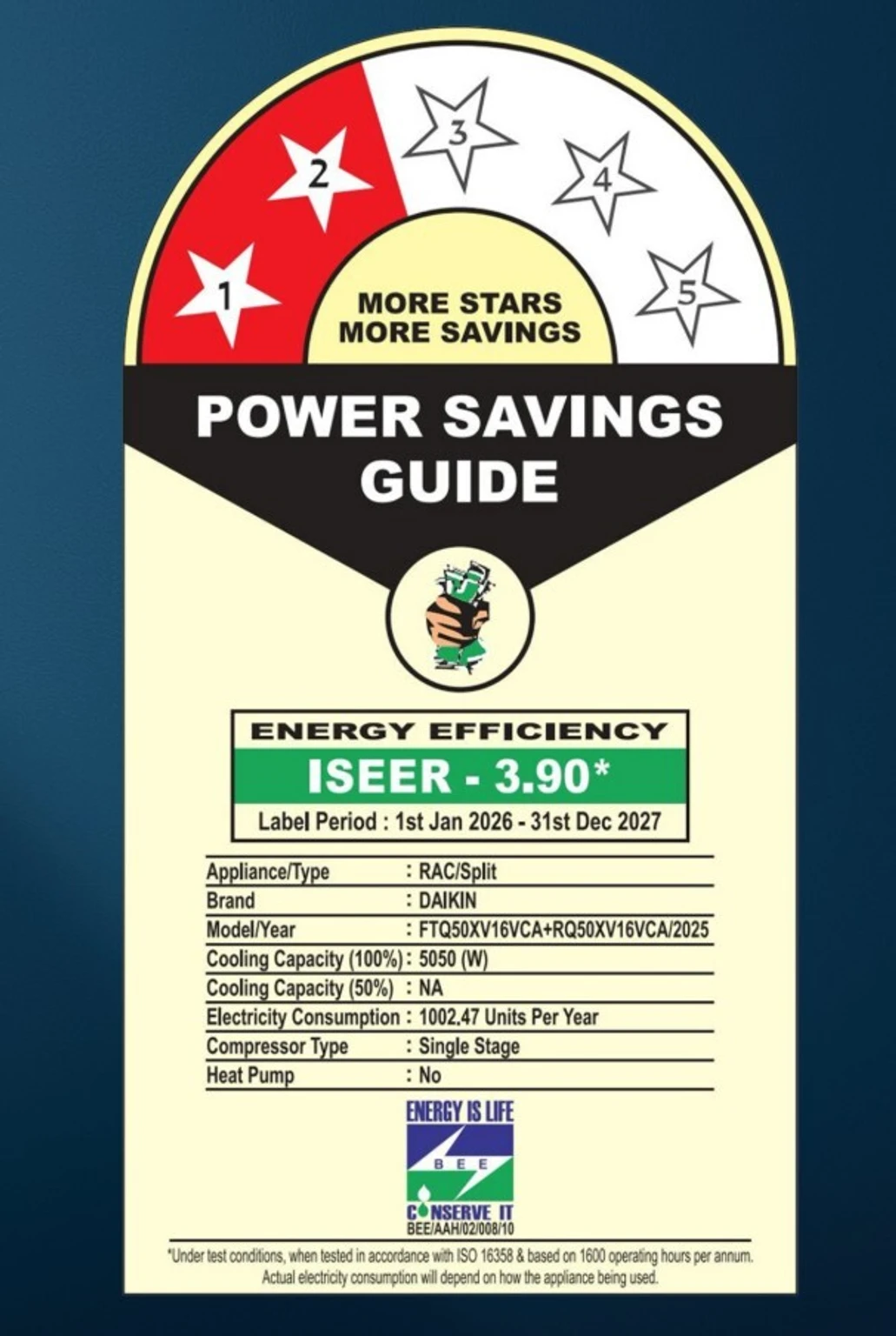 Daikin Model 2026 FTQ50XV16 1.5 Ton 2 Star fixed-speed (Non-inverter) Split air conditioner view 2