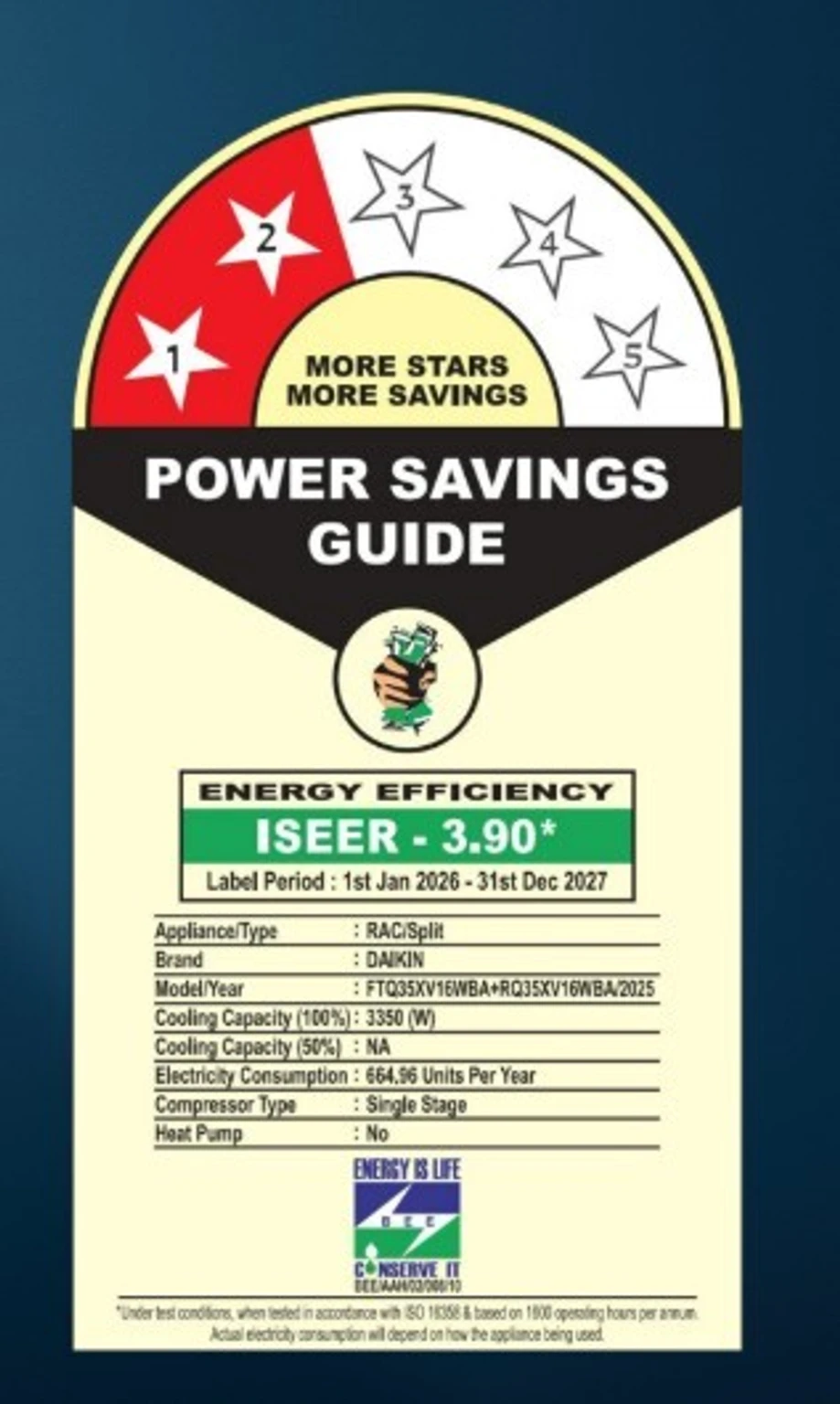 Daikin Model 2026  FTQ35XV16  1-Ton, 2-Star, fixed-speed (non-inverter) split air conditioner. view 4