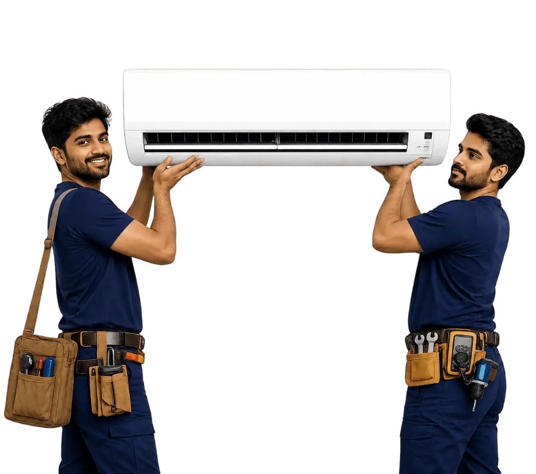 AC technicians carrying and installing AC unit in Kolkata